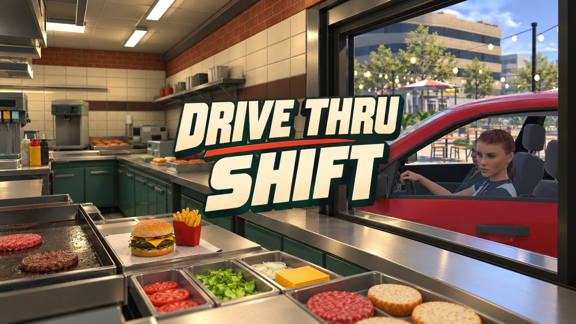 Drive Thru Shift key art: the Sunny's kitchen, a burger and fries on the pass, and a driver waiting at the window