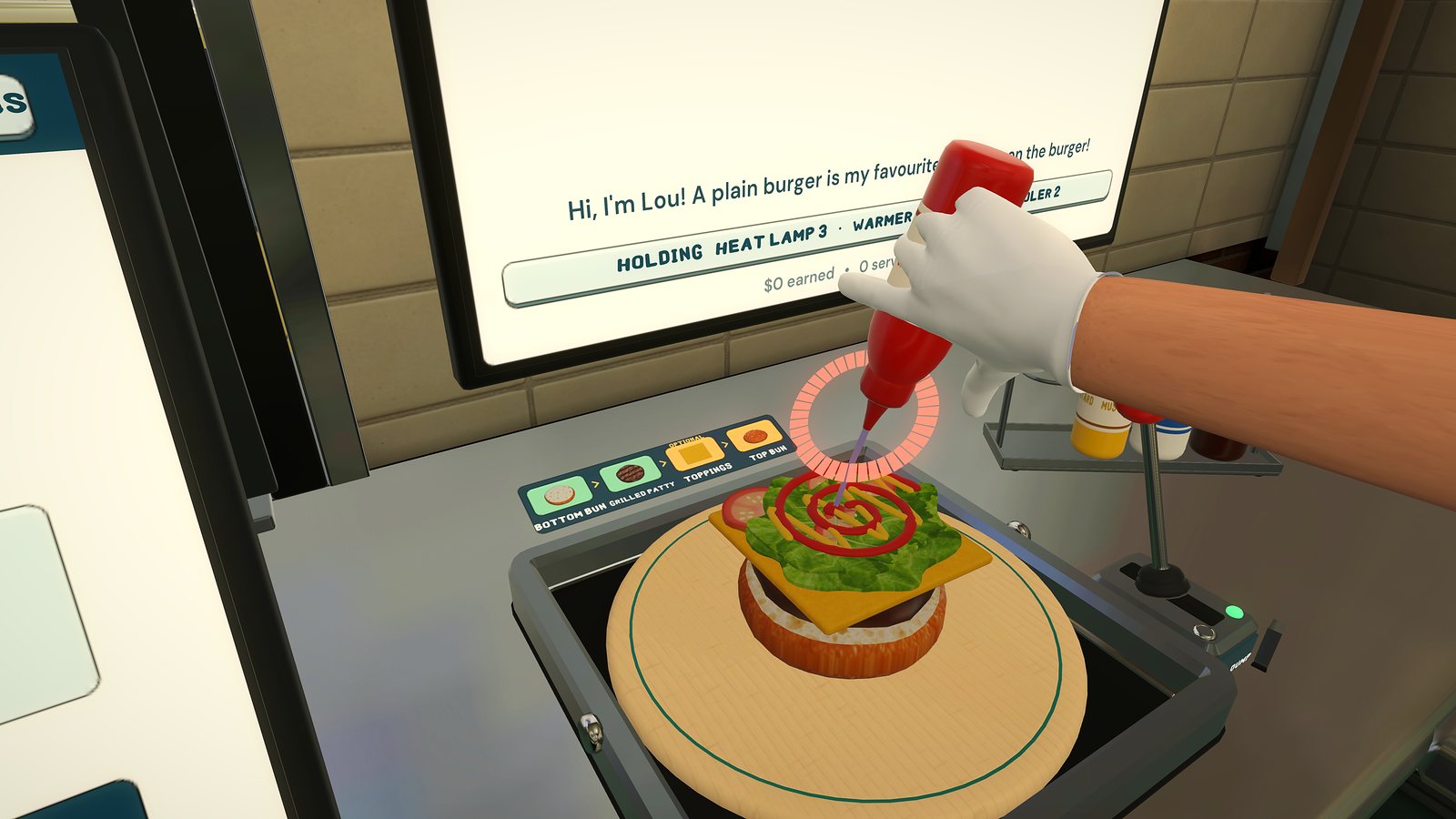 First-person view of a gloved hand squeezing ketchup onto a burger on the prep board