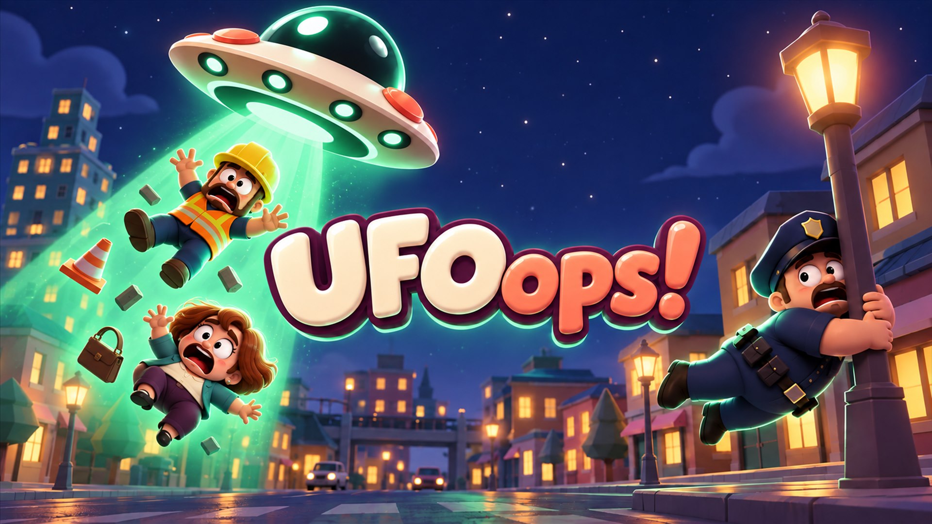 UFOops! Two startled townspeople rise inside a UFO's mint beam while a policeman hangs on to a lamppost in a glowing night city.